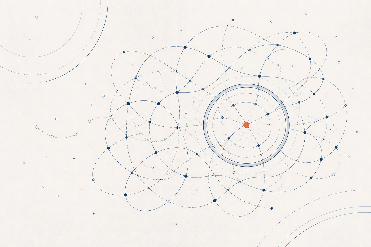 Original abstract illustration of interlaced navy line paths with coral and sage markers